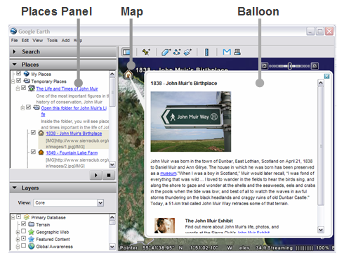 Areas of the Google Earth User Interface