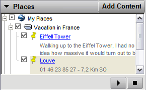 In the Places pane, a small amount, or snippet of the description appears beneath the folder or item