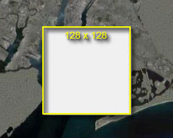 Captura de pantalla: rectángulo sobre el mapa con una superposición de 128 píxeles