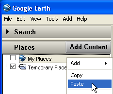 coller le code KML du lien réseau dans Google Earth