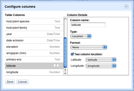 modify columns dialog with two-column lat-long