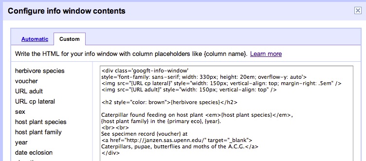 configure info window with custom html template