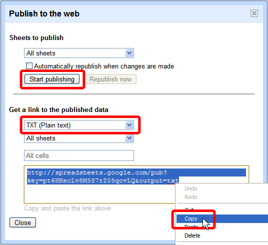 copy your spreadsheet published url