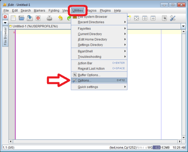 jEdit Screenshot - Utilities menu, Options