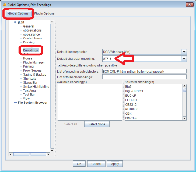 jEdit screenshot - General Options, Encodings