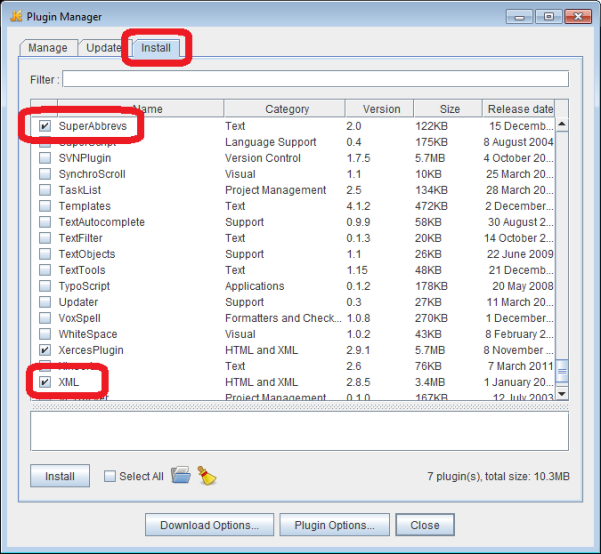 jEdit screenshot - Plugin Manager, install plugins