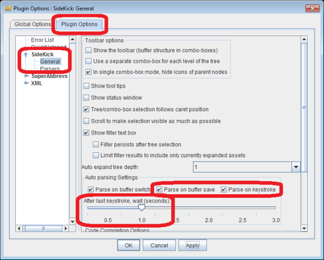 jEdit screenshot - Plugin Options, SideKick