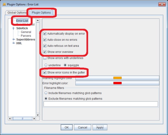 jEdit screenshot - Plugin Options, ErrorList