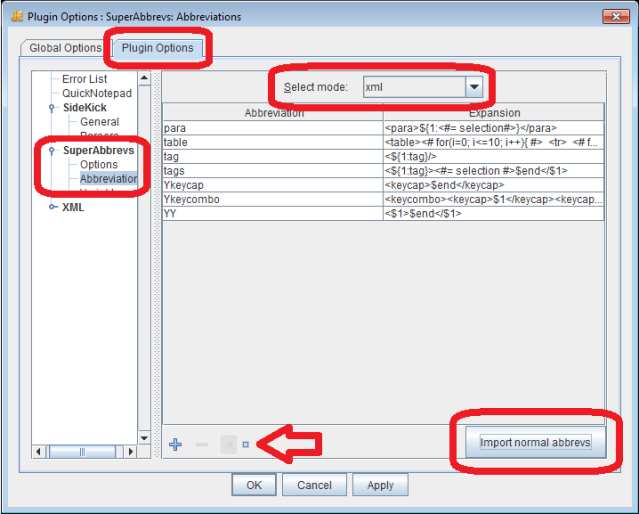 jEdit screenshot - Plugin Options, SuperAbbrevs, import abbreviations