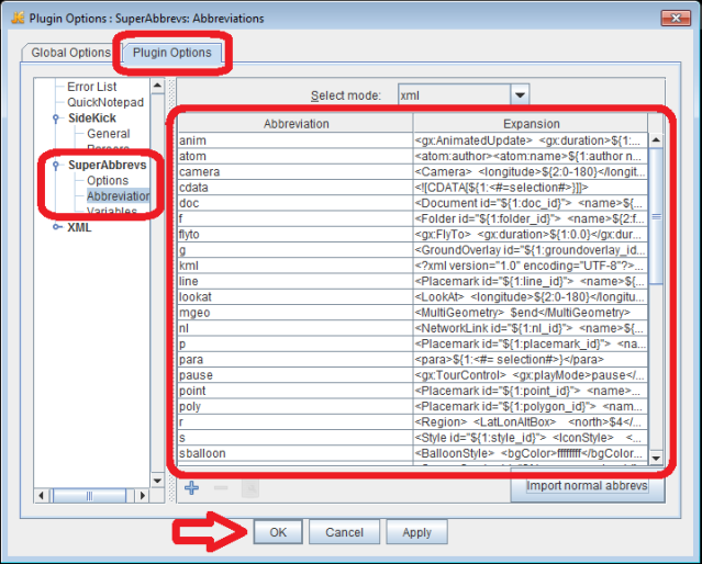 jEdit screenshot - Plugin Options, SuperAbbrevs, Imported