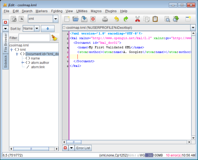 jEdit screenshot - Sample KML Document