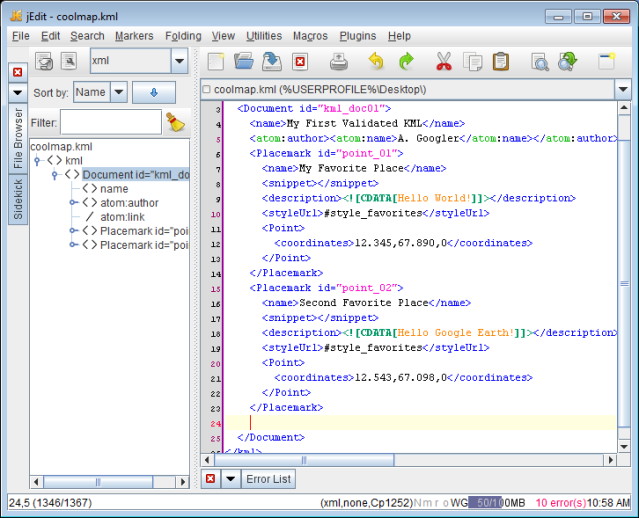 jEdit screenshot - Sample KML Placemarks