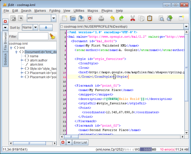 jEdit screenshot - Sample KML Style