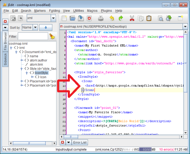 jEdit screenshot - Sample KML Style, Indented