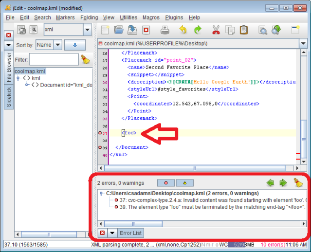 jEdit screenshot - Sample KML error, ErrorList