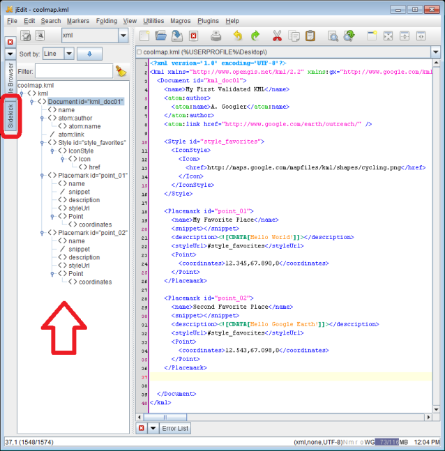 jEdit screenshot - Sample KML Completed, Sidekick DOM Tree