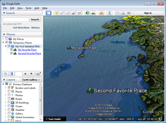 Google Earth screenshot - sample KML from jEdit