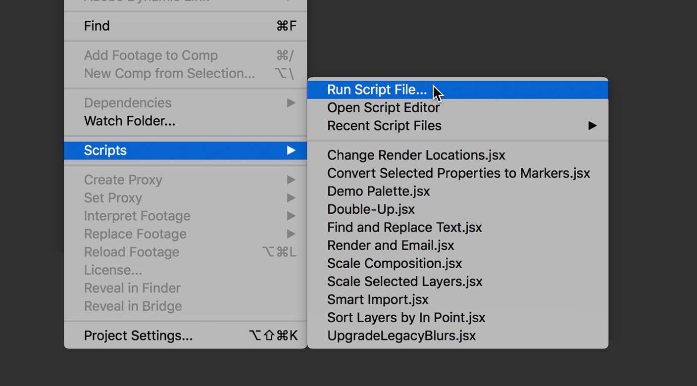 Opción Run Script File (Ejecutar archivo de secuencia de comandos) en el menú
